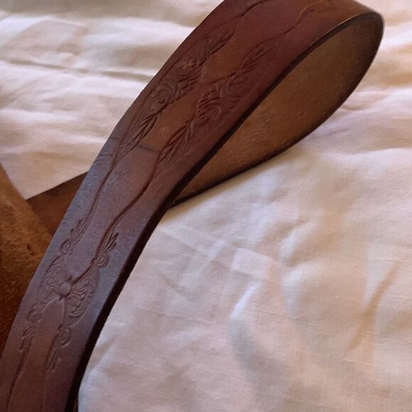 Vintage Hand Tooled Brown Leather Belt Size Large Full Grain Cowhide USA No Loop - Picture 9 of 13